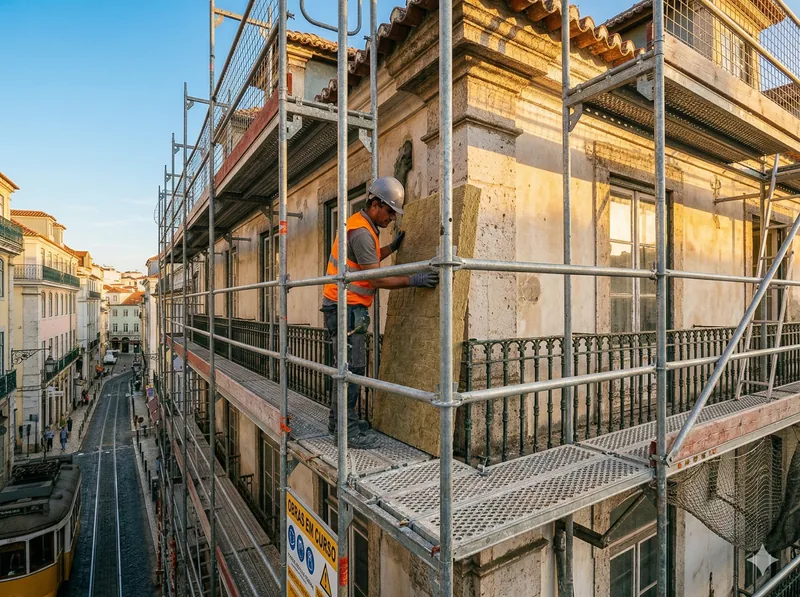 Andaimes de fachada instalados em obra de reabilitação urbana