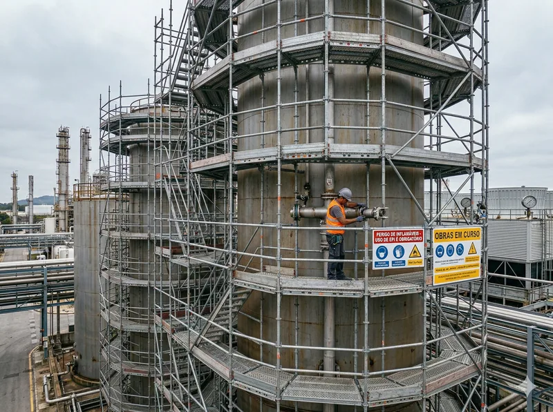 Andaimes multidirecionais em instalação industrial de grande escala