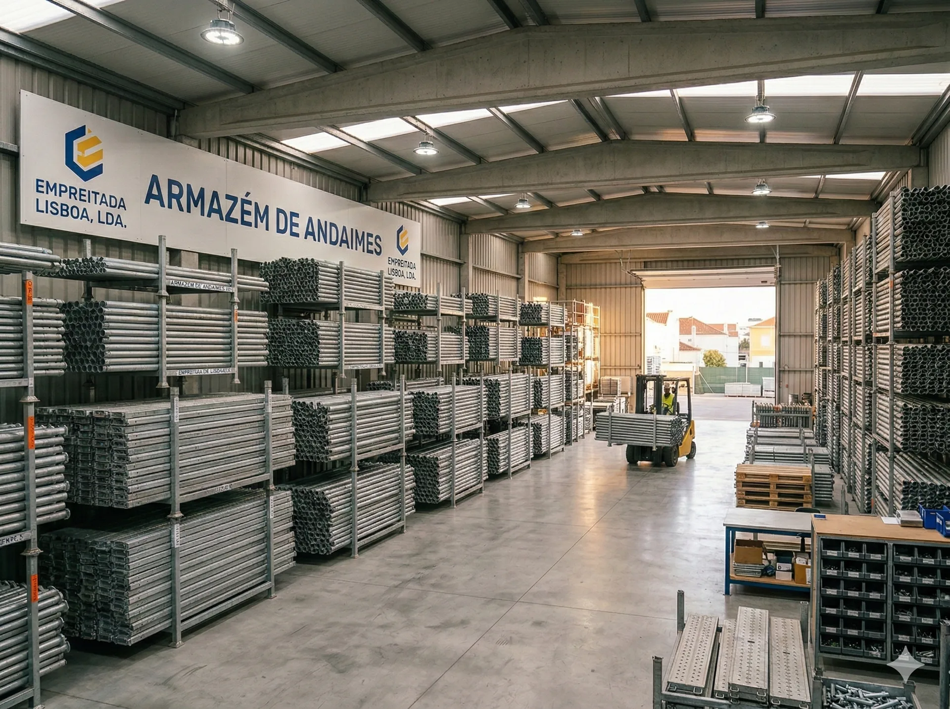 Armazém central Interandaimes com stock de andaimes e sistemas metálicos